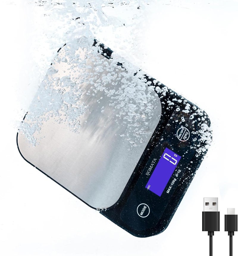 BOMATA IPX7 Waterproof Food Scale, 22lb/10kg, USB Rechargeable, Submersible, Ounces and Grams for Cooking Baking Weight Loss, 0.05oz/1g Precise Graduation, Wide Viewing Angle LCD, Stainless Steel - Image 1